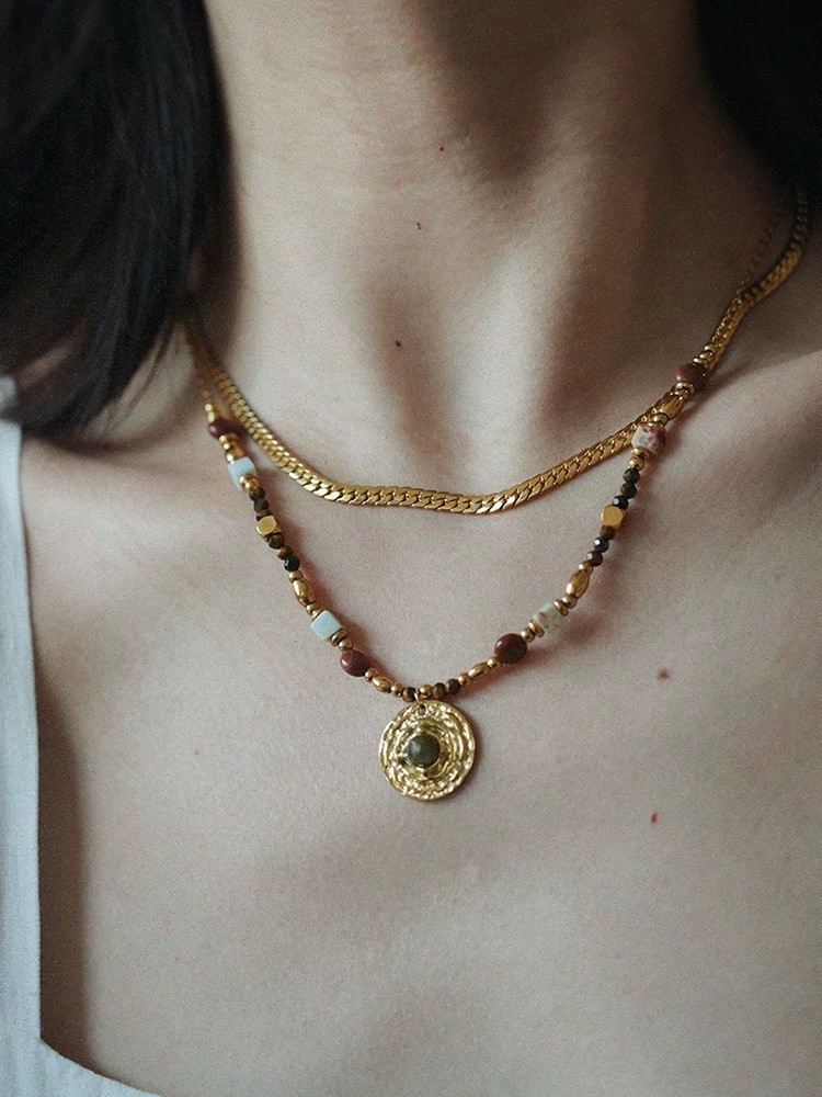 Vintage Layered Gold Necklace Beaded Stone Pendant Double Chain Vintage Layered Gold Necklace Beaded Stone Pendant Double Chain