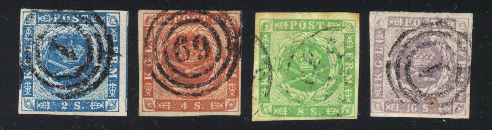 DENMARK -- SCOTT #3 THROUGH #6 - FROM THE 2 SK THROUGH THE 16SK - ISSUE OF *1854