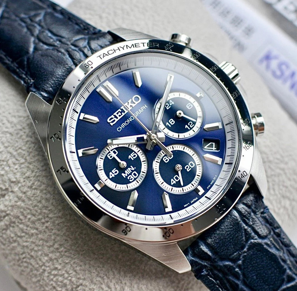 Seiko Spirit Blue Dial Leather Band Chronograph Men\'s Watch SBTR019