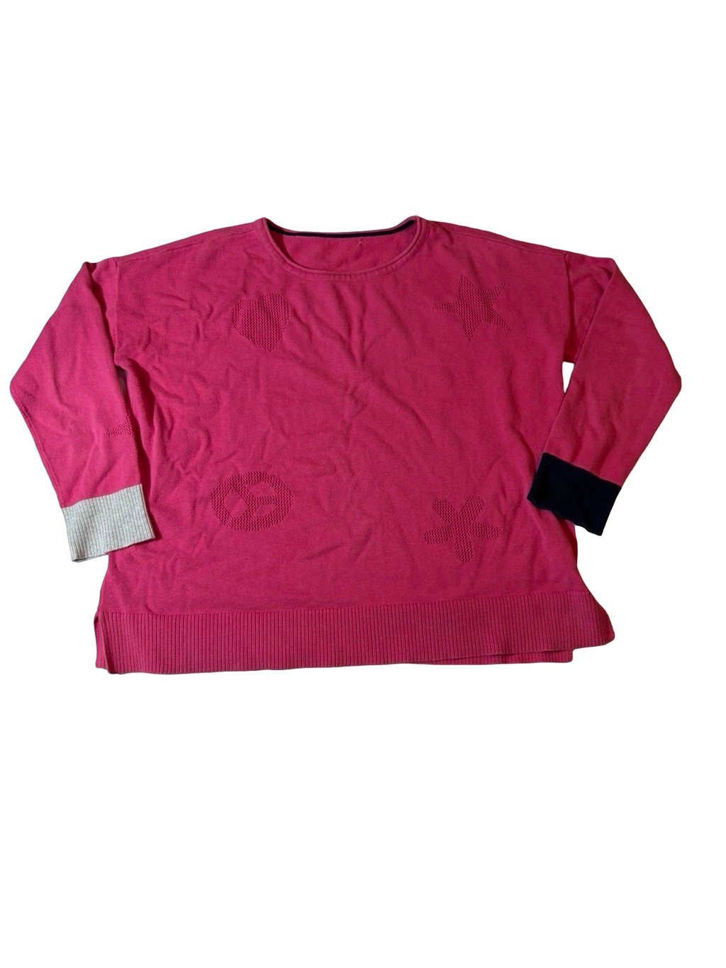 Lisa Todd Sweater Womens Pink Cotton Abstract Symbols Colorblock Cuffs Read