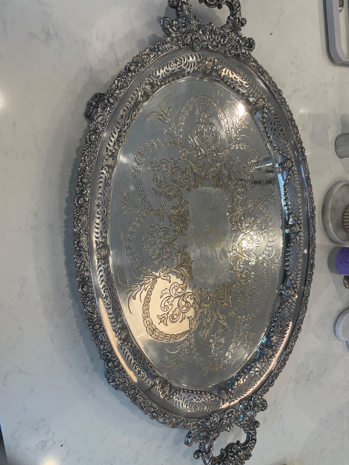 Antique D&H England Victorian Silver Plated Scalloped Serving Platter Bar Tray