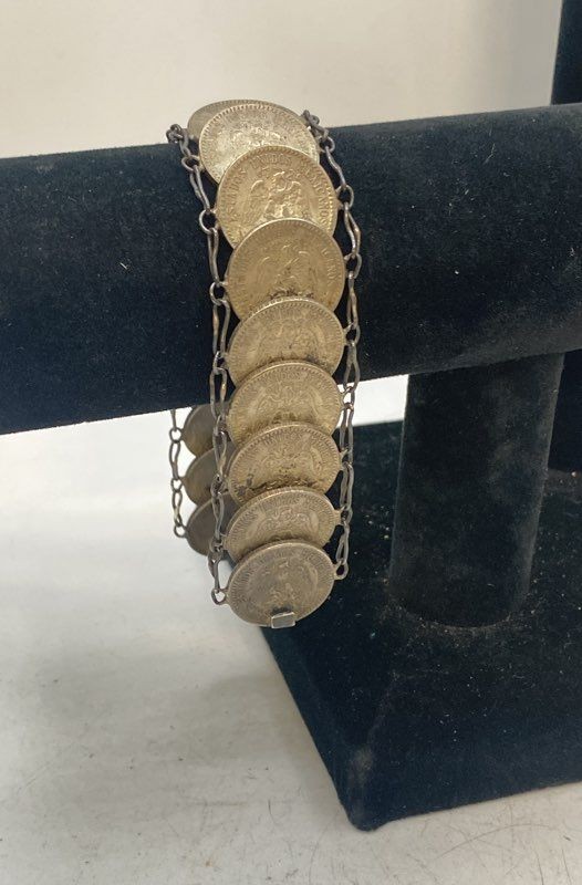 Vintage 800 Mexican Silver Coin Link Bracelet Estados Unidos Mexicanos 7.75\