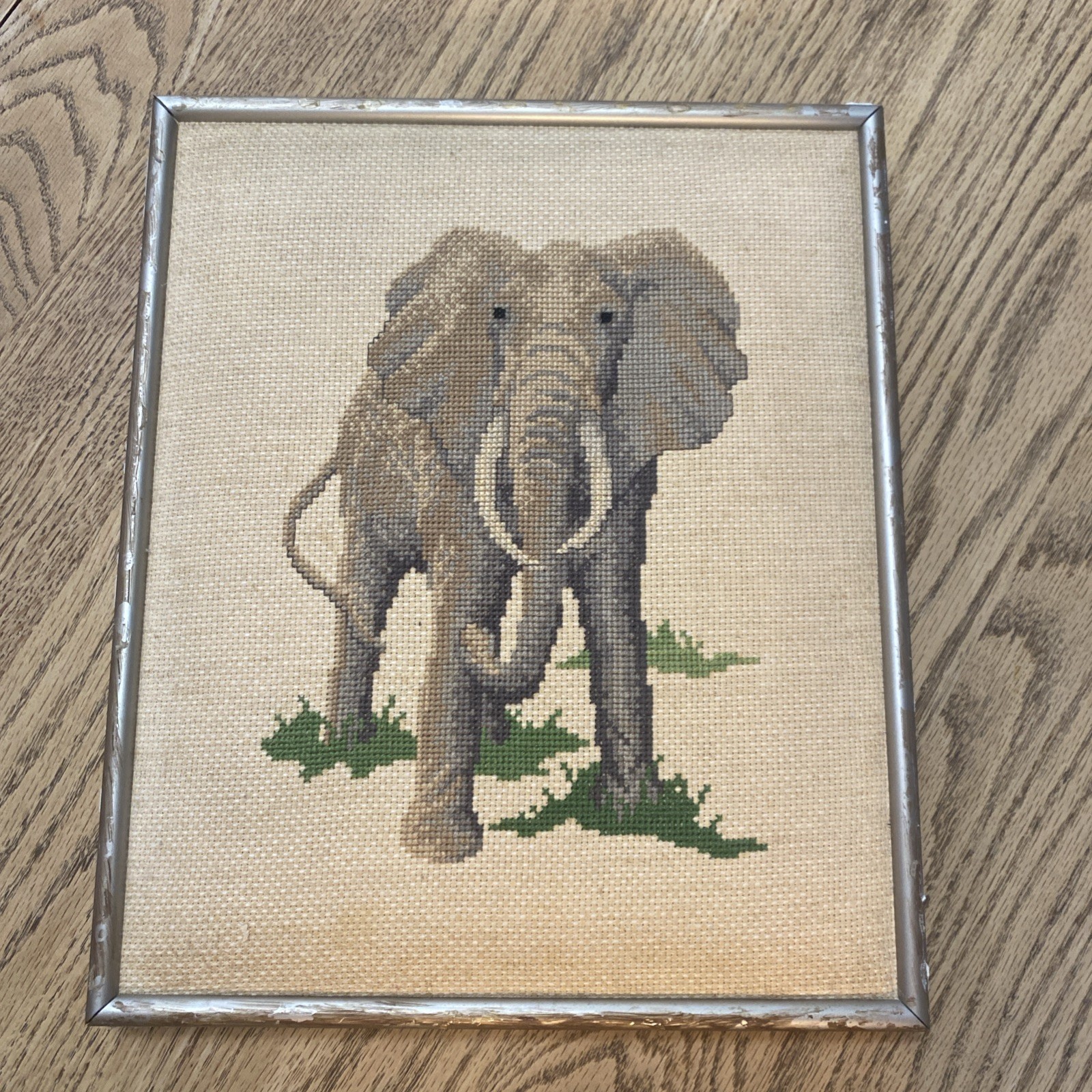Vintage Hand Made Elephant Cross Stitch Art Framed Wall Hanging 