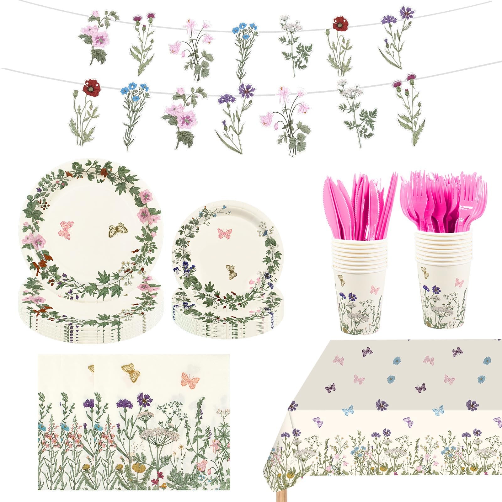 182pcs Wildflower Party Supplies,Disposable Wildflower Plates and Napkins Tab...
