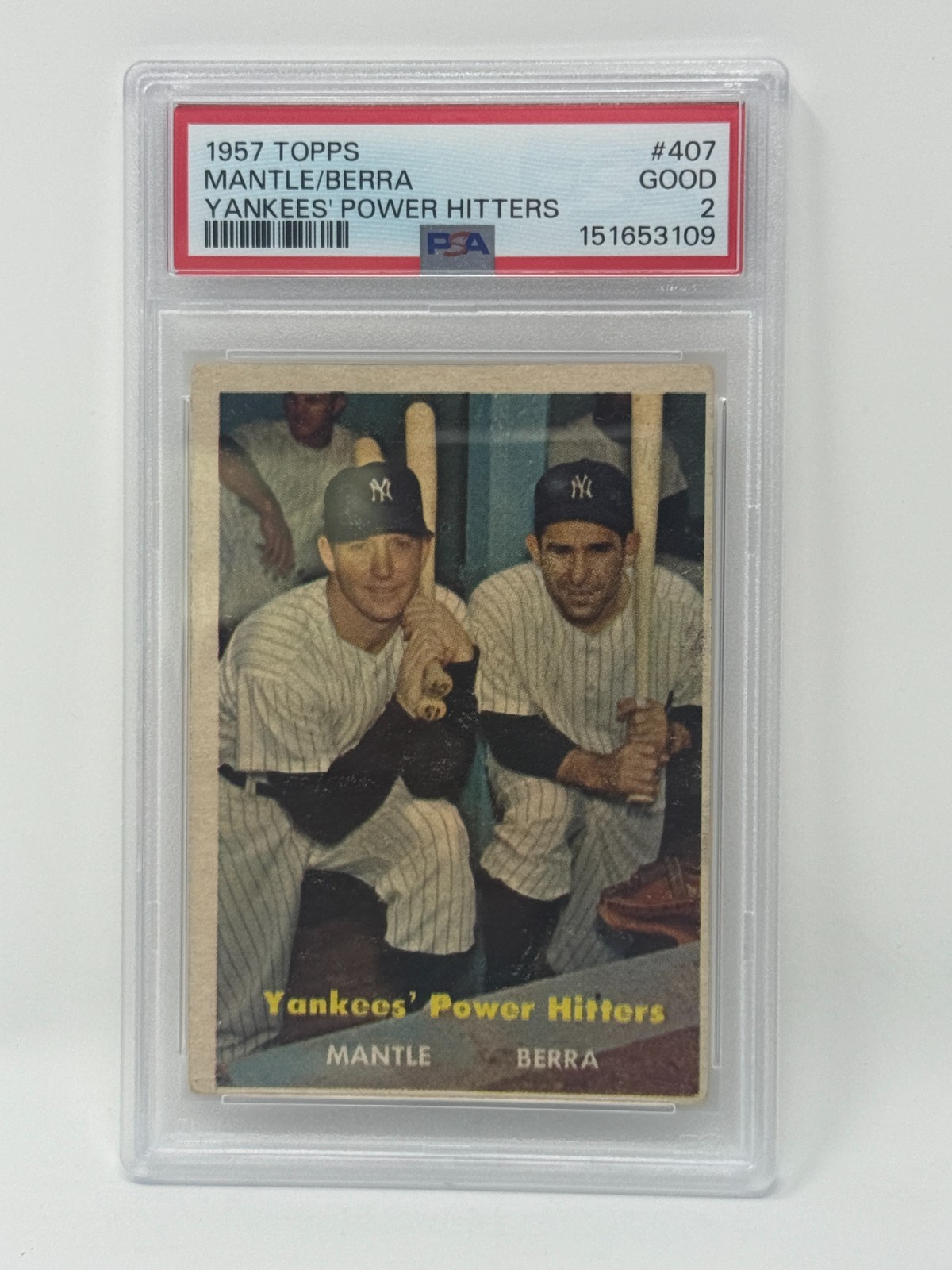 1957 Topps #407 Mickey Mantle, Yogi Berra Yankees- Power Hitters PSA 2