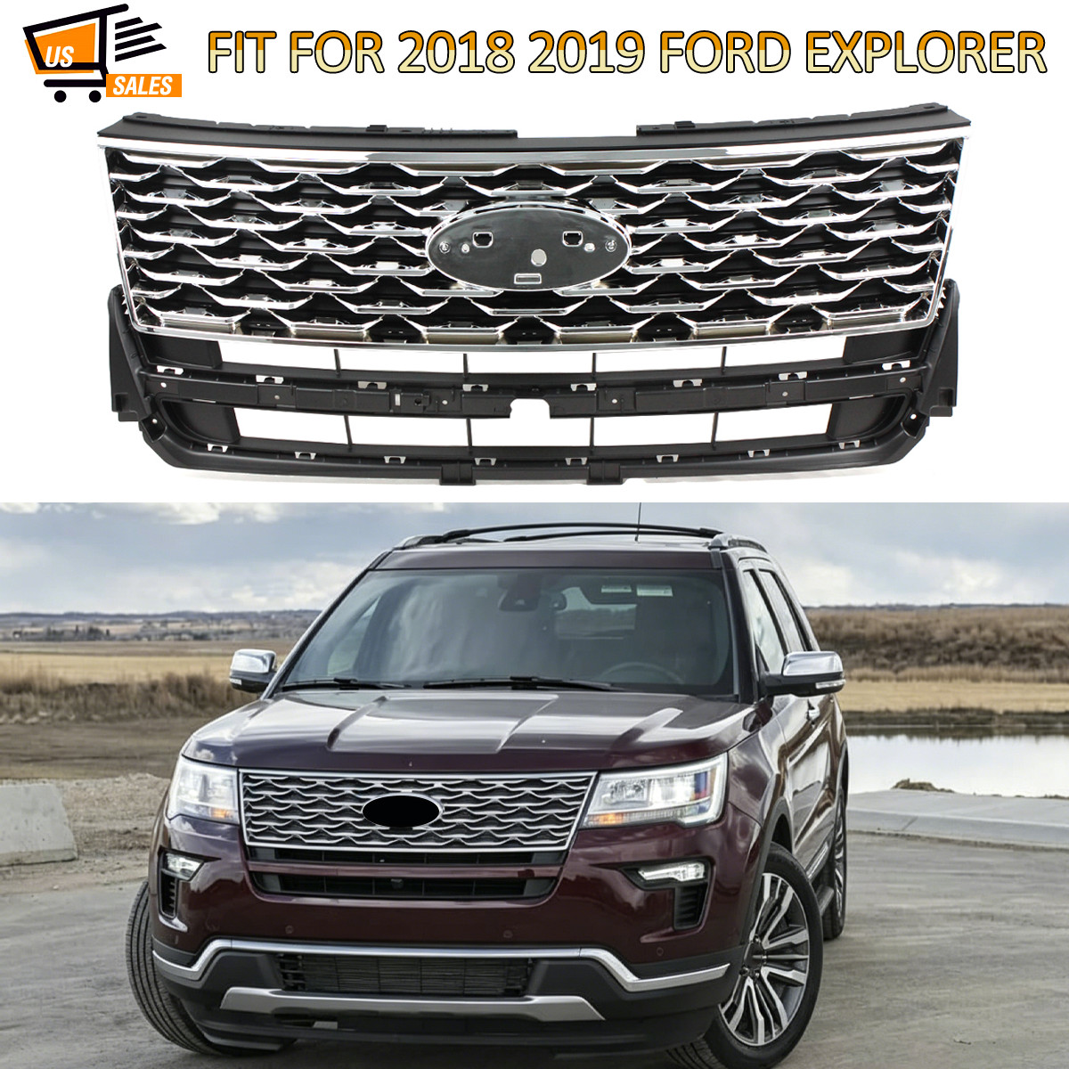 New Chrome Black Grill Front Bumper Grille For 2018 2019 Ford Explorer Platinum