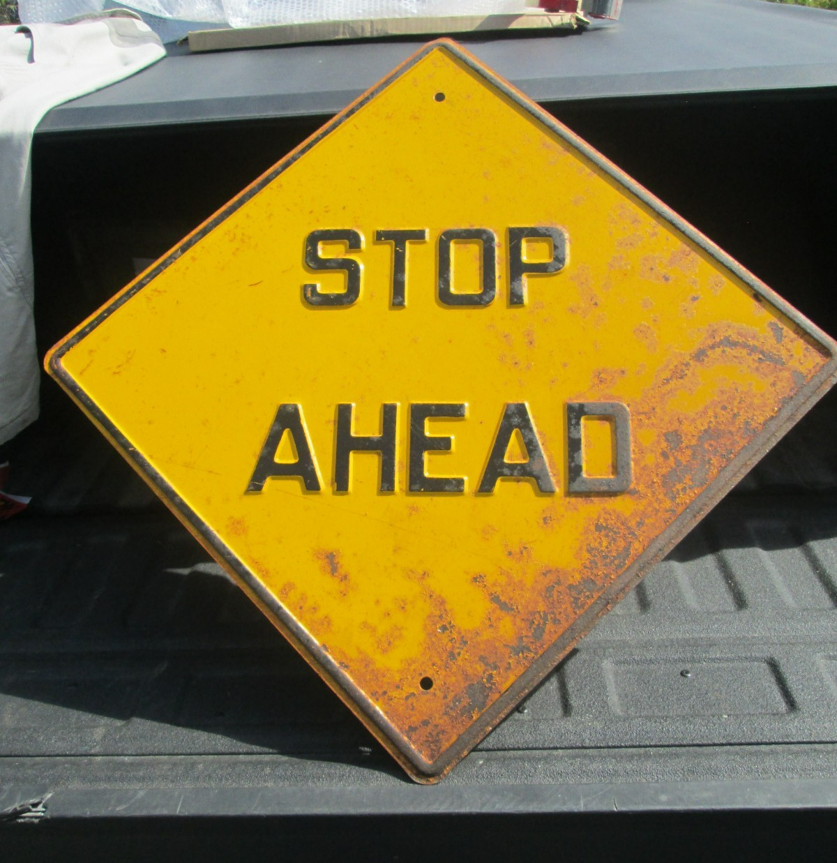Vtg STOP AHEAD Sign Embossed Yellow & Black Heavy Gauge Steel Retired 24 x 24