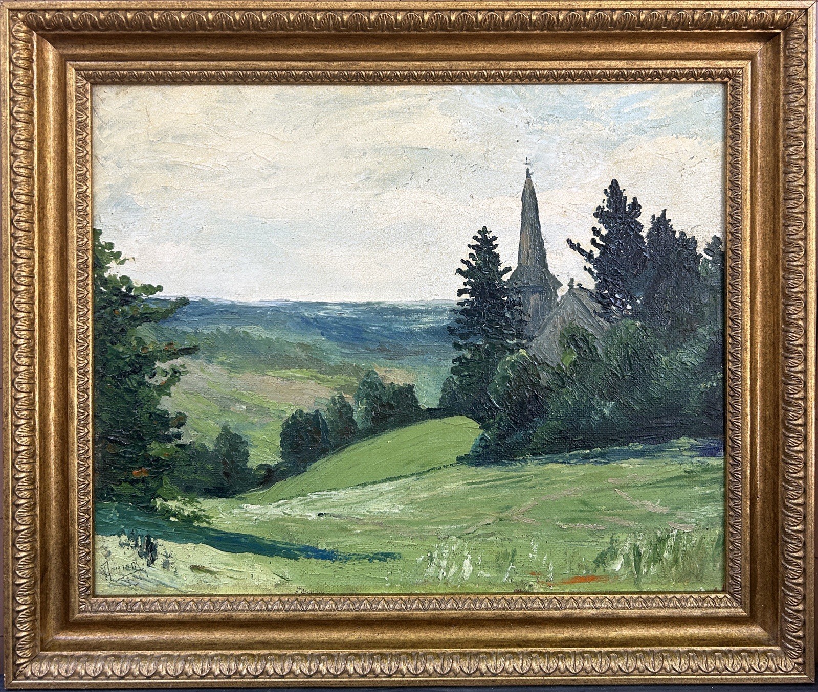 Original Impressionist Antique Oil Painting French Landscape Church Sign Framed