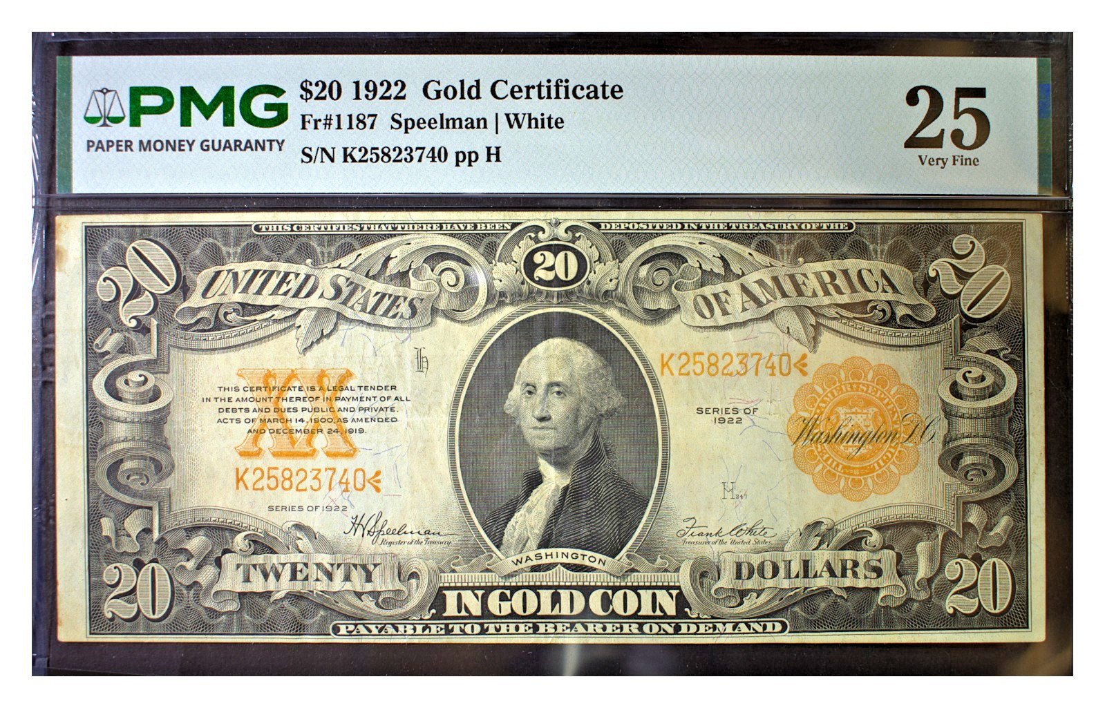 1922 US Gold Certificate $20 FR#1187 PMG 25 Very Fine Detail Minor Stain