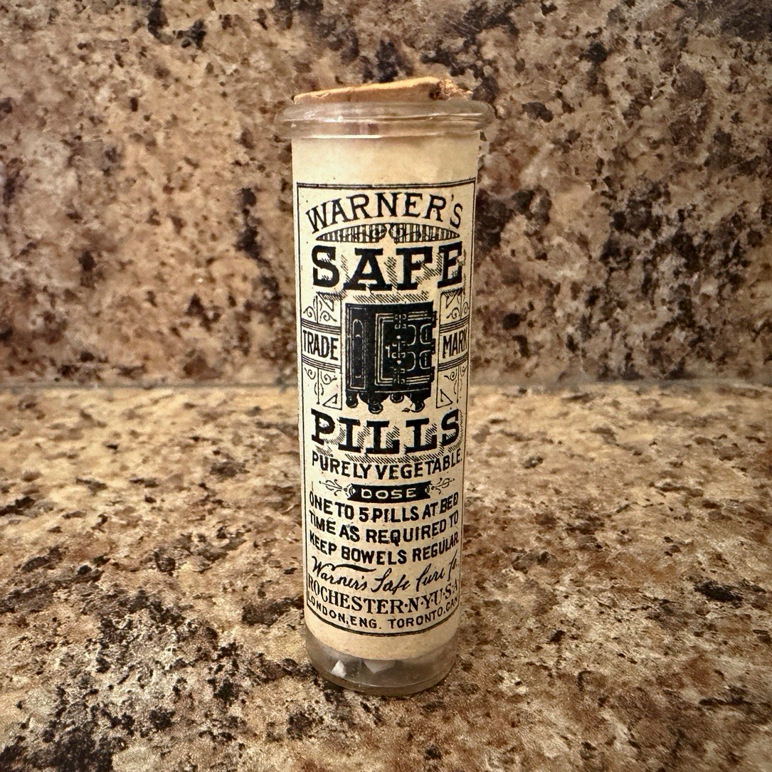 Antique 1906 Warner’s Safe Pills Bottle Vial - Rare Multi-Language Paper Label