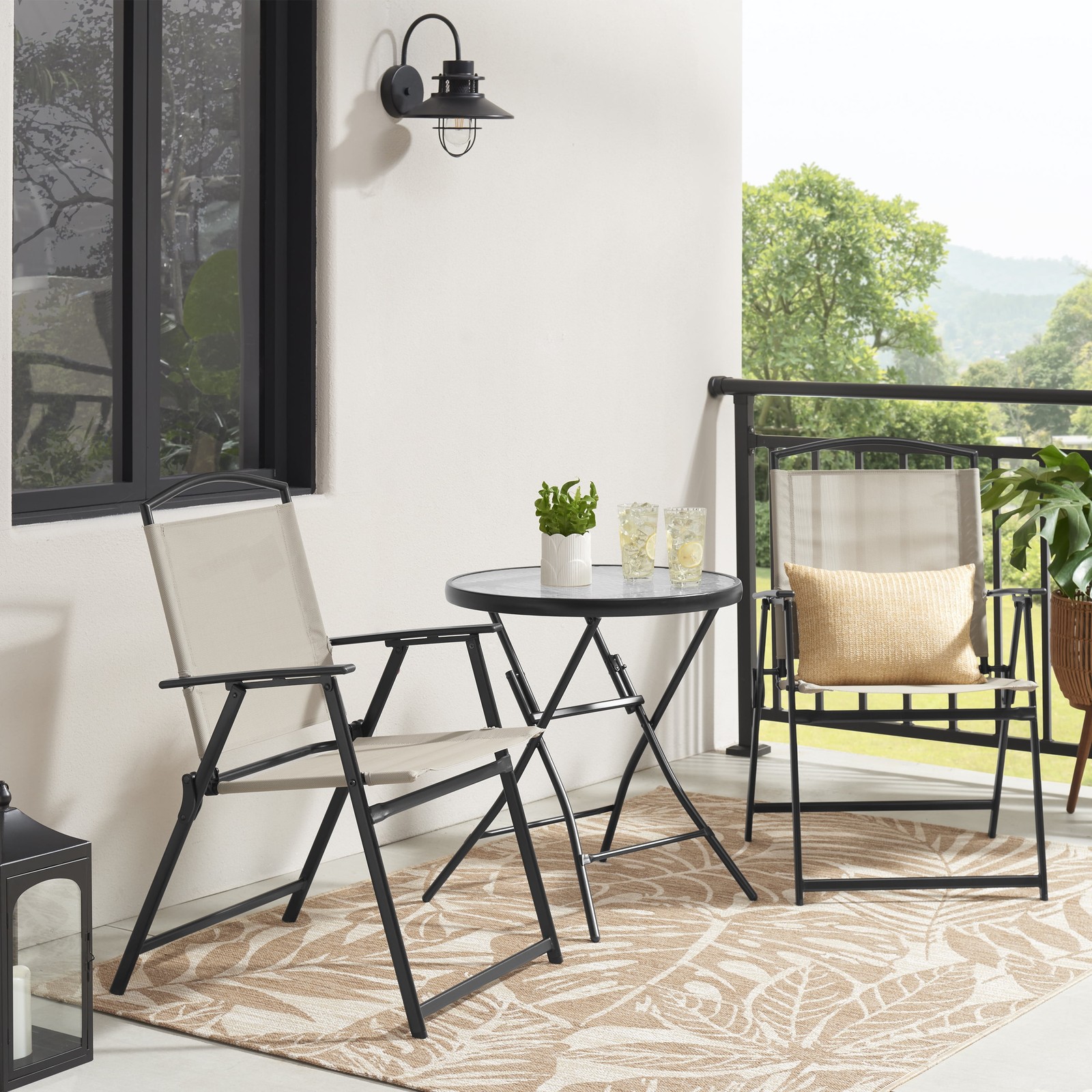 Juego De 2 Sillas y Mesa Plegables Para Patio Exterior Balcón Apartamento Beige