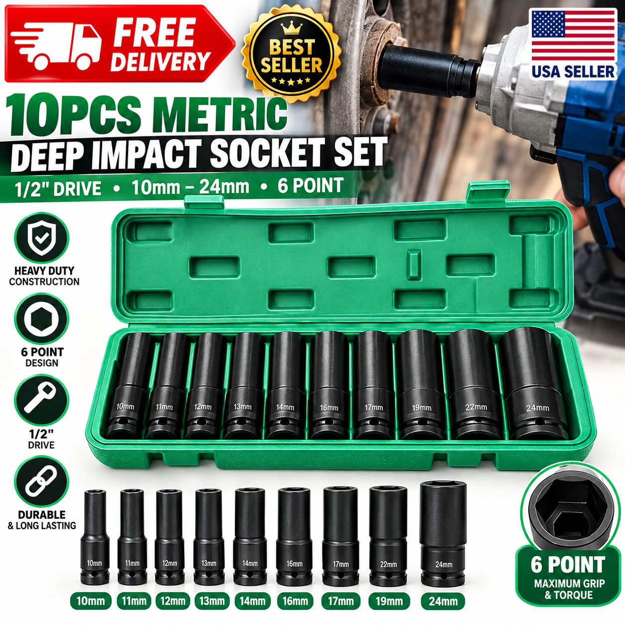 10pcs Metric Deep Impact Socket 1/2