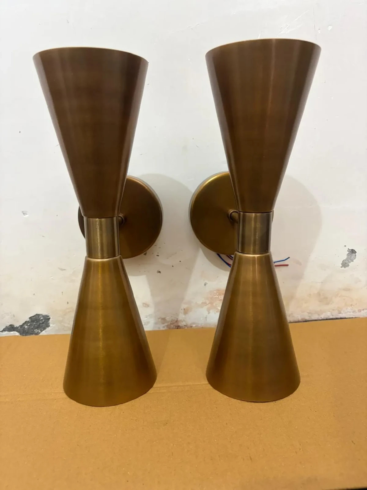 Pair of Brass Wall Sconces Mid Century Modern Cone Light Fixtures Vintage