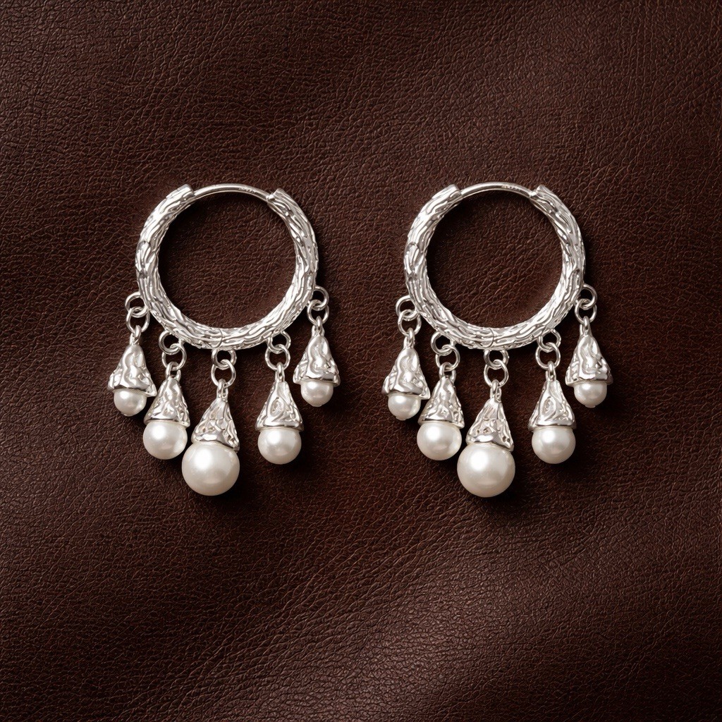 Sundance Artisan Silver Hammered Hoop Pearl Earrings Boho Fringe VTG Catalog