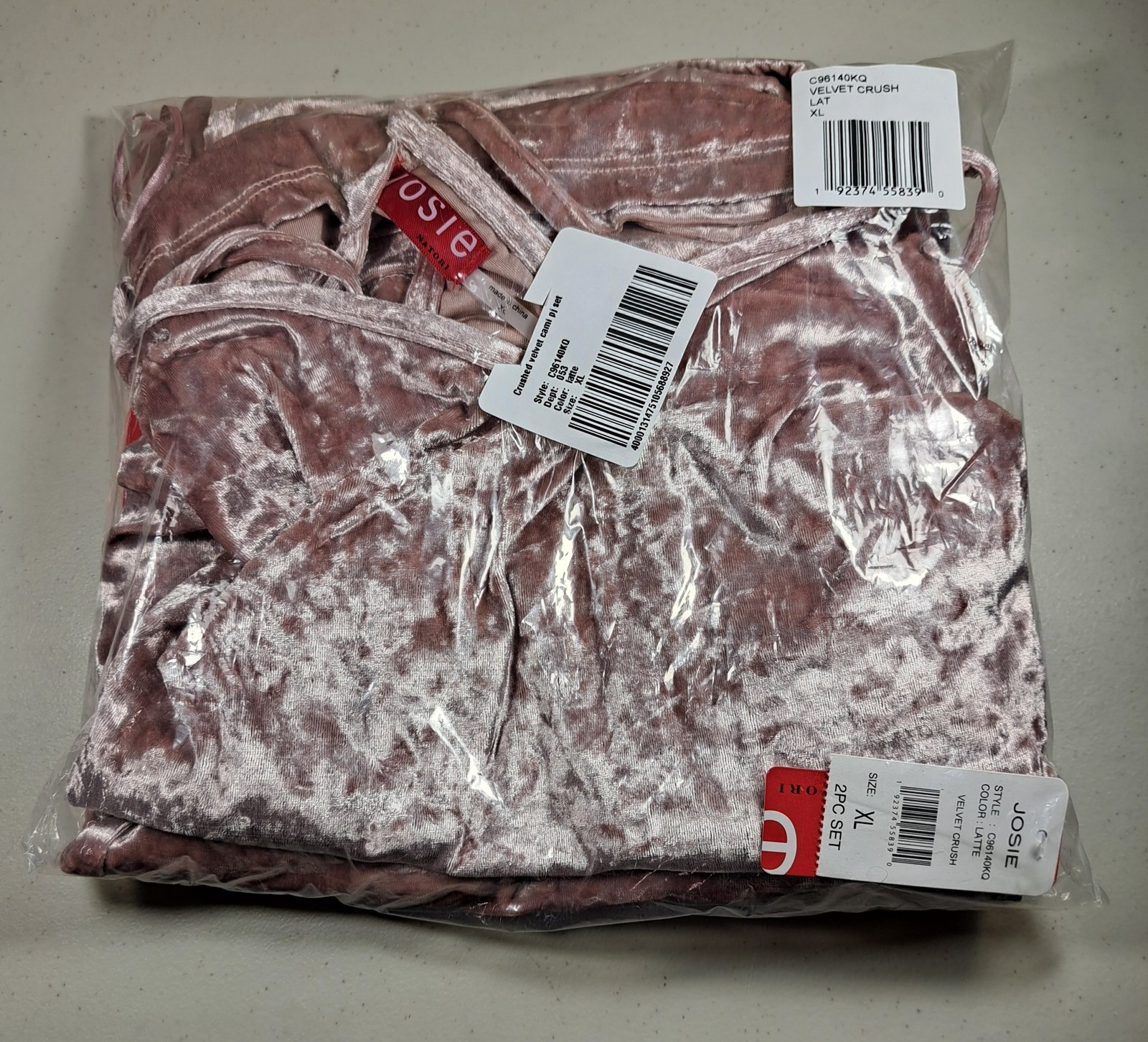 JOSIE BY NATORI Crushed Velvet Cami Pajama Set Latte (Mauve) XL NEW JOSIE BY NATORI Crushed Velvet Cami Pajama Set Latte (Mauve) XL NEW