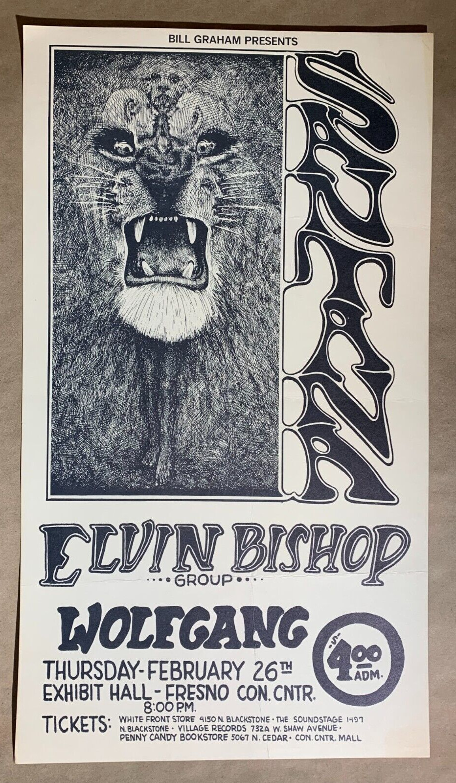 SANTANA ELVIN BISHOP 1970 FRESNO, CALIFORNIA BILL GRAHAM CONCERT POSTER -READ