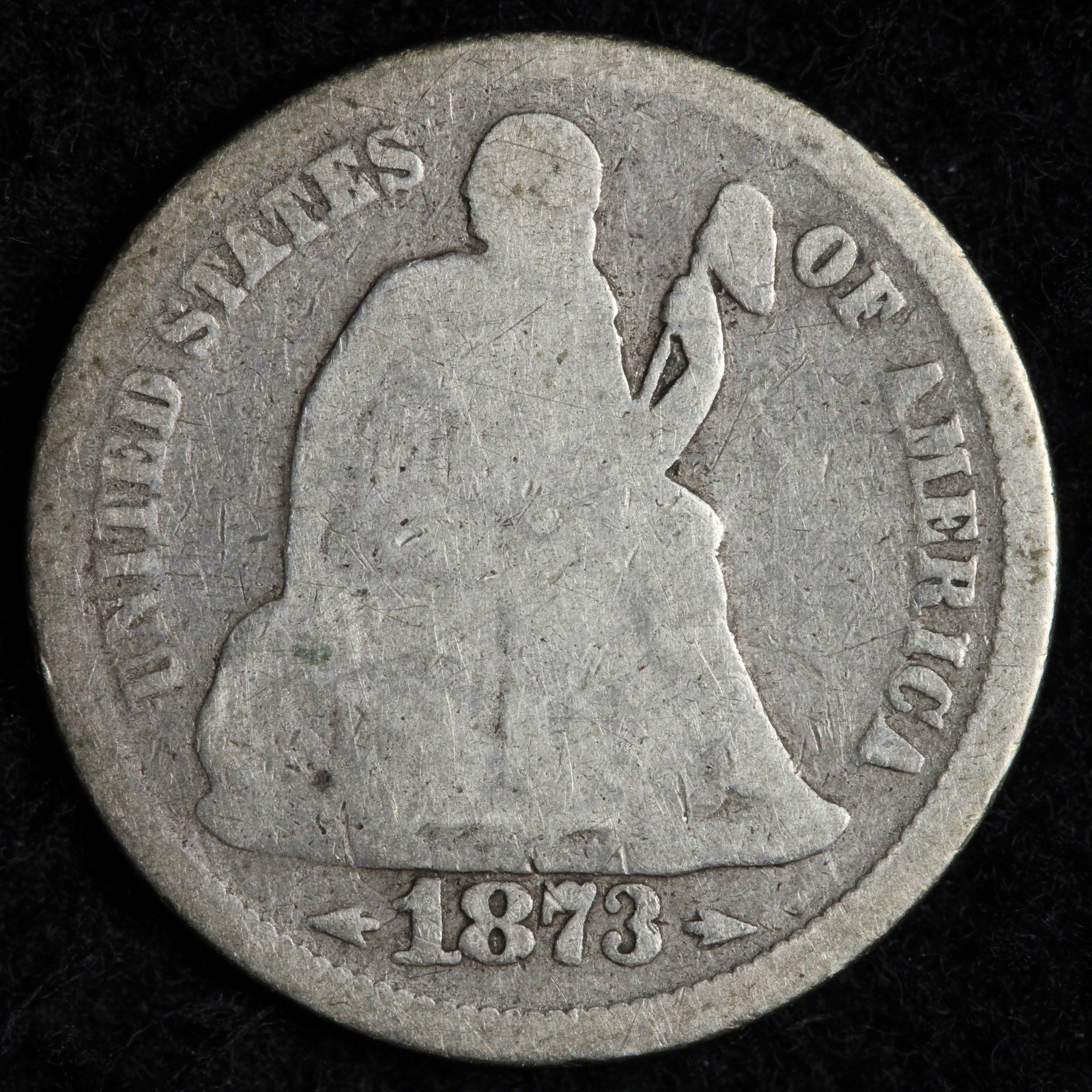 1873 ARROWS Seated Liberty Silver Dime GOOD E177 VIXCN