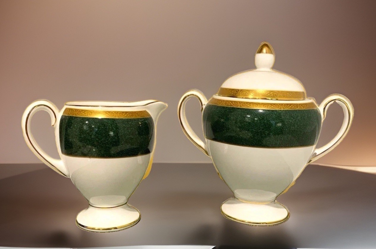 Wedgwood Ulander Porcelain Creamer & Sugar Bowl Set w Lid, Green Band Gold Trim Wedgwood Ulander Porcelain Creamer & Sugar Bowl Set w Lid, Green Band Gold Trim