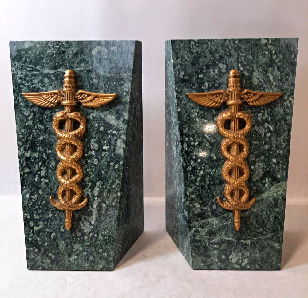 Vintage GATCO Green Marble & Solid Brass Caduceus Medical Bookends