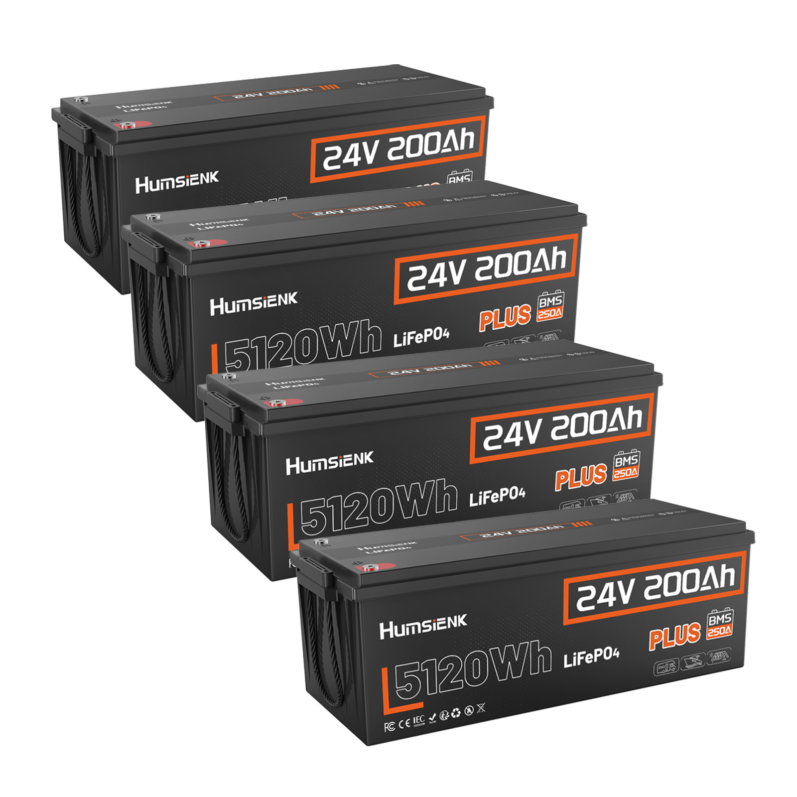 4X 24V 200Ah LiFePO4 Lithium Battery 250A BMS 5120Wh Energy For RV Marine