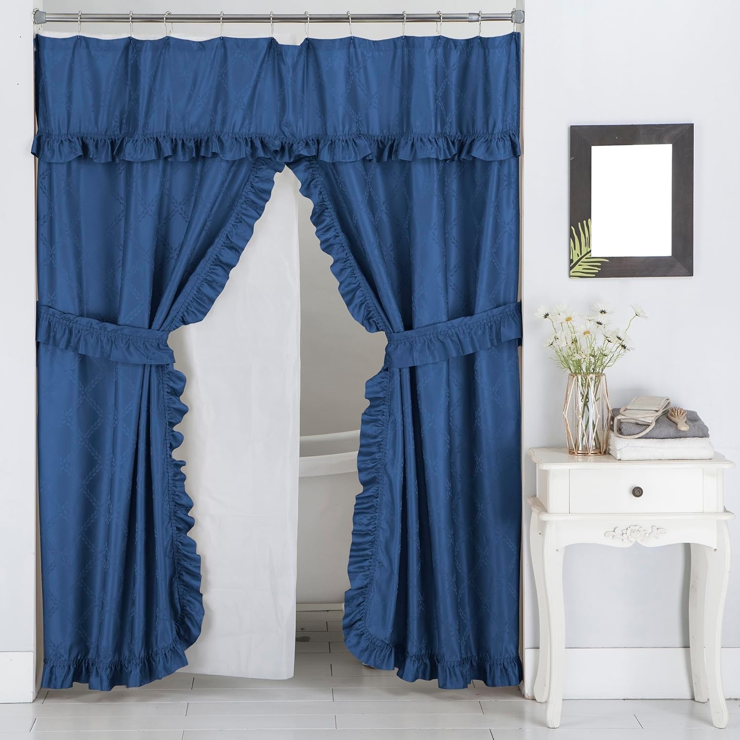 Double Swag Ruffled Fabric Shower Curtain Set, PEVA Liner and Roller Rings Double Swag Ruffled Fabric Shower Curtain Set, PEVA Liner and Roller Rings