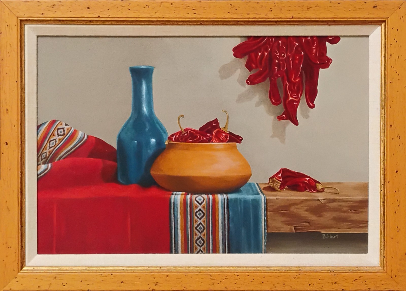 Original Southwestern Oil Painting on Canvas-Red & Blue-Chili Peppers-Handmade
