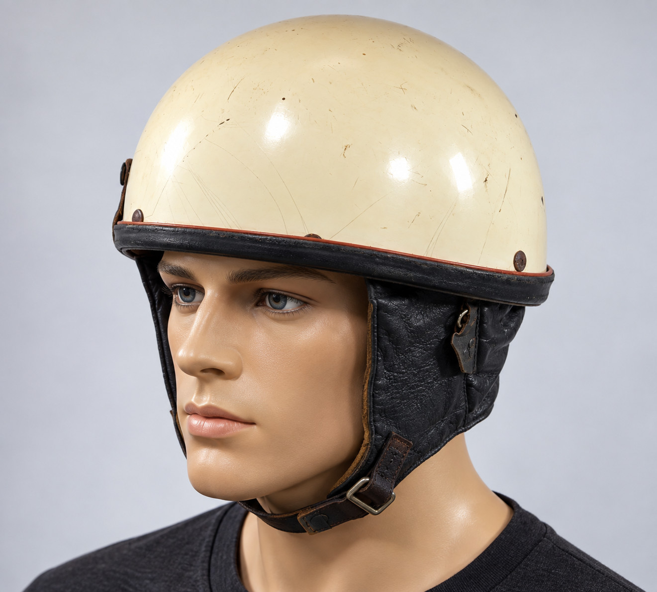 Vintage open-face motorcycle helmet, probably dating from the 1950s–1960s.