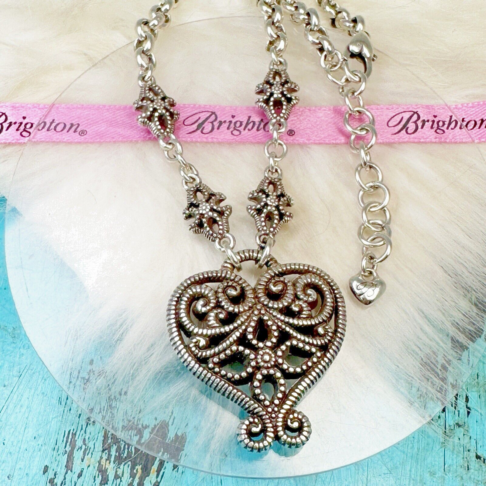 Brighton French Kiss Ornate Heart Silver Plate Open Scroll Pendant Necklace