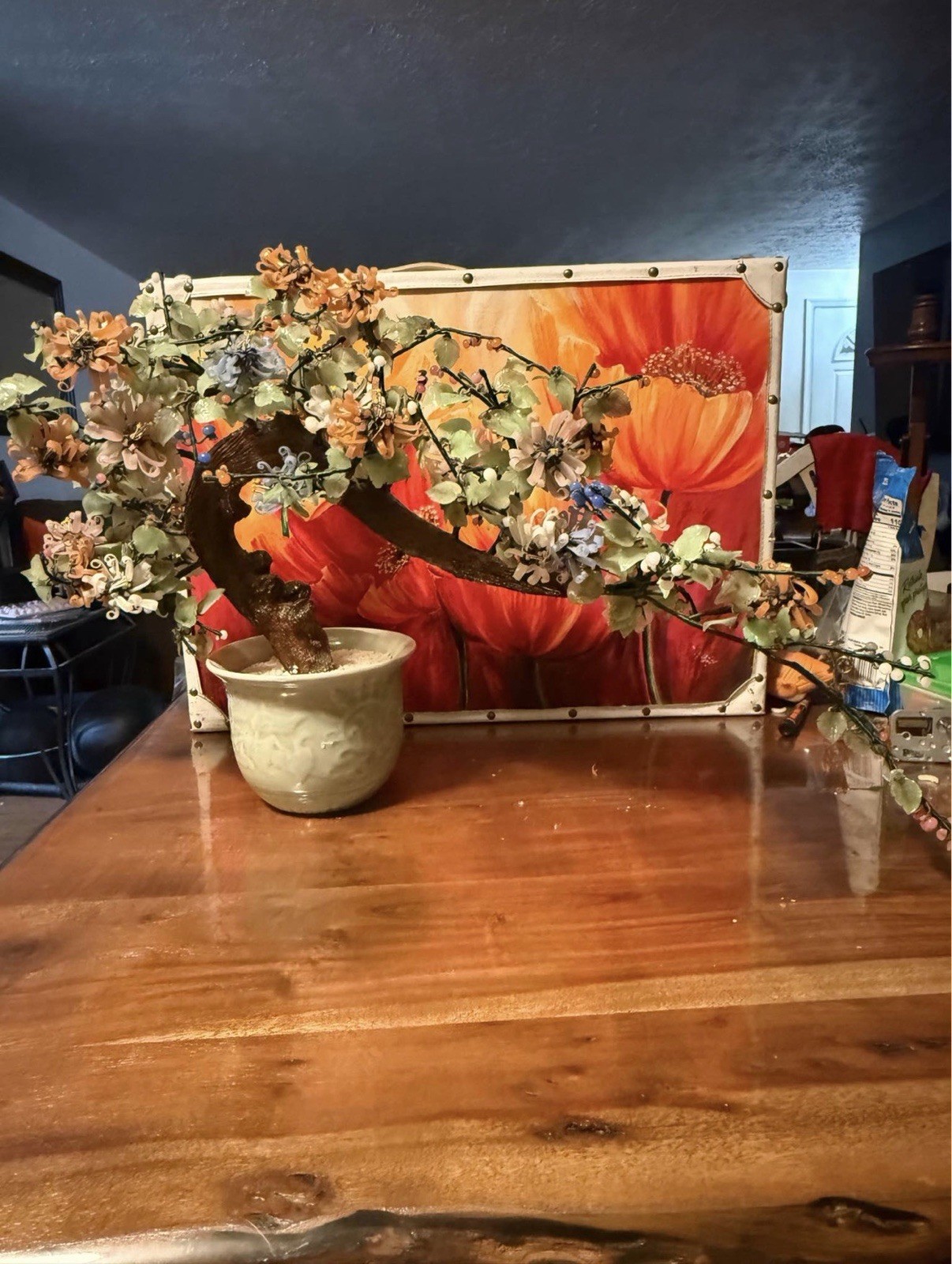 HUGE OLD Oriental Chrysanthemum Jade Glass Flower Bonsai Tree In Celadon Pot HUGE OLD Oriental Chrysanthemum Jade Glass Flower Bonsai Tree In Celadon Pot