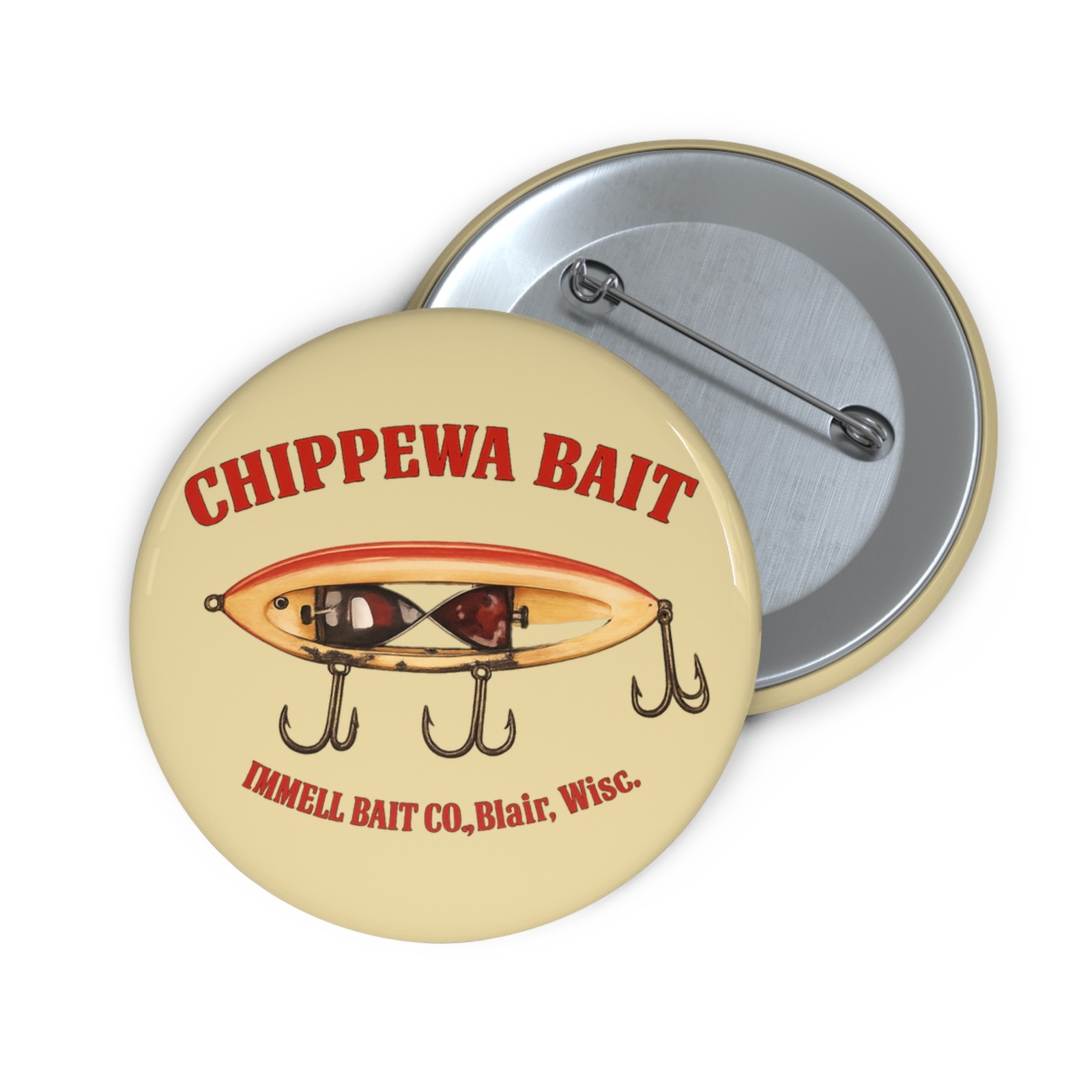 Chippewa Bait Immell Bait Co. Blair WI Vintage Style Fishing Lure Pinback Button