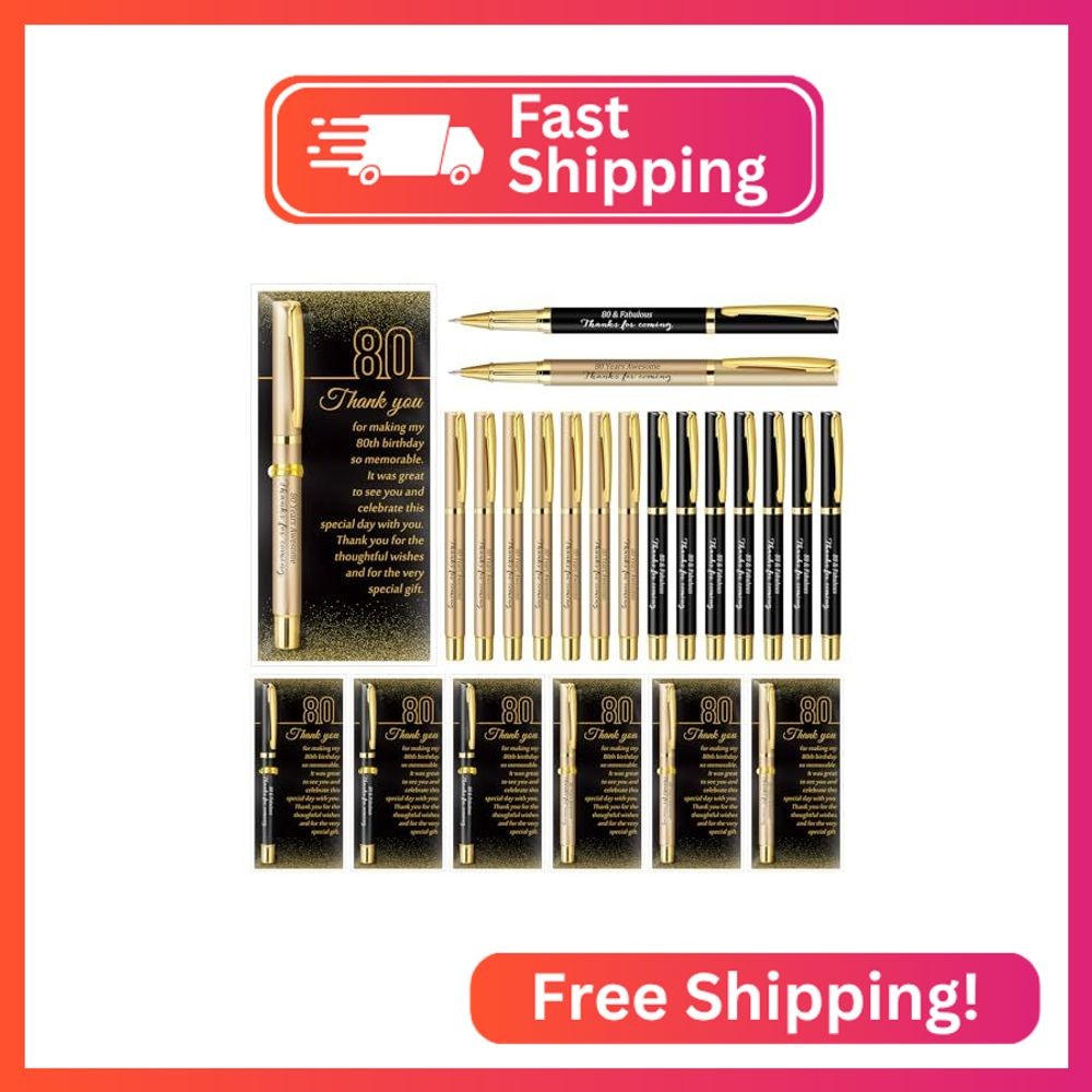 Feifeiya 100 Set 80th Birthday Favors with Black Gold Pens Cards