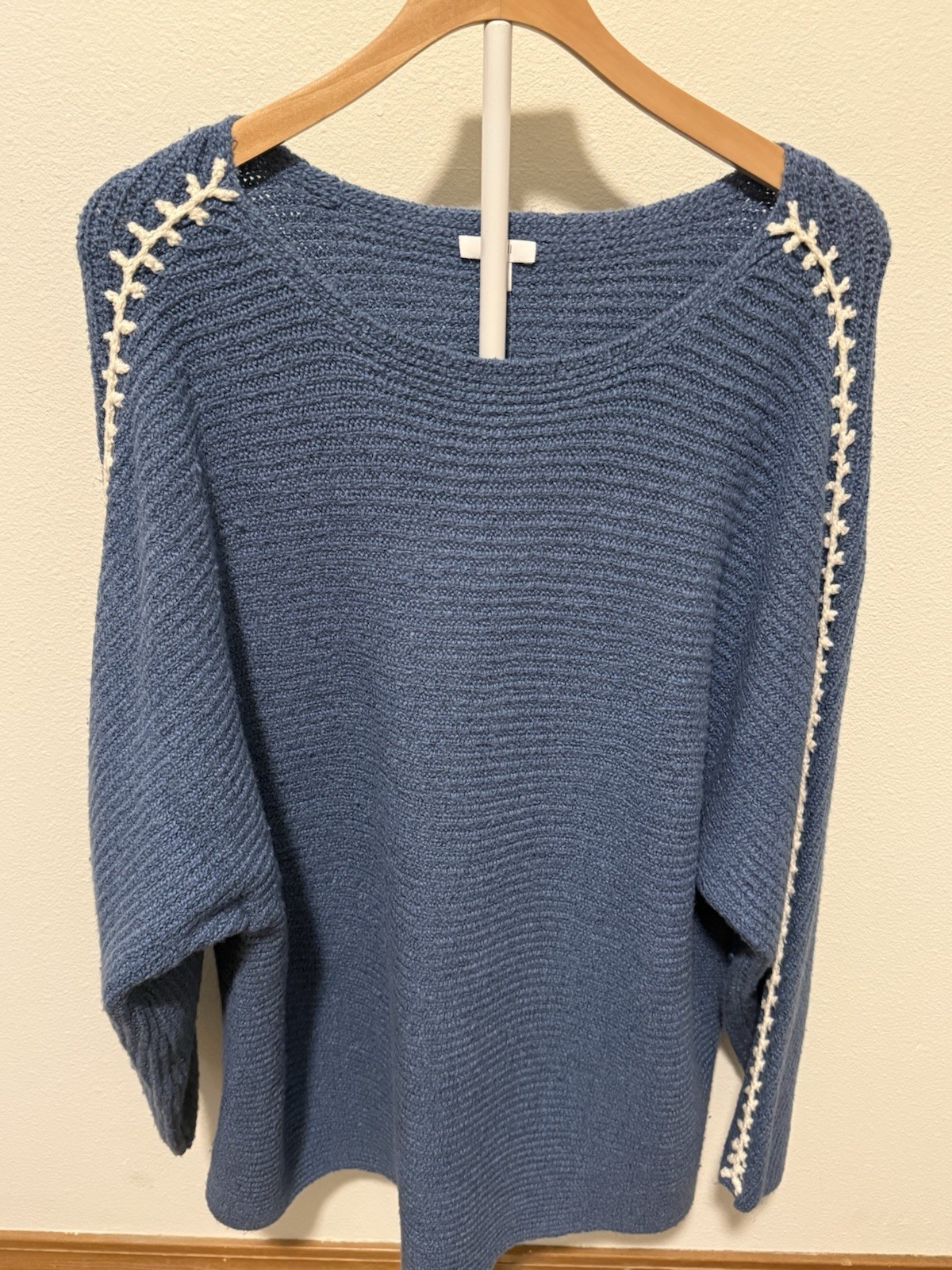 NWT J Jill Knit Boatneck Pullover Sweater XL Azure Blue with Cream Whipstiching
