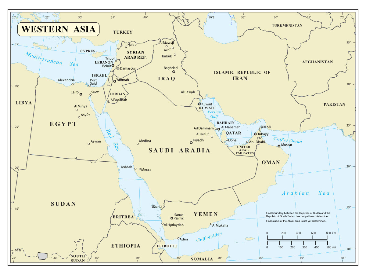 West Asia Political Administrative Physical Waterways Region Map Print