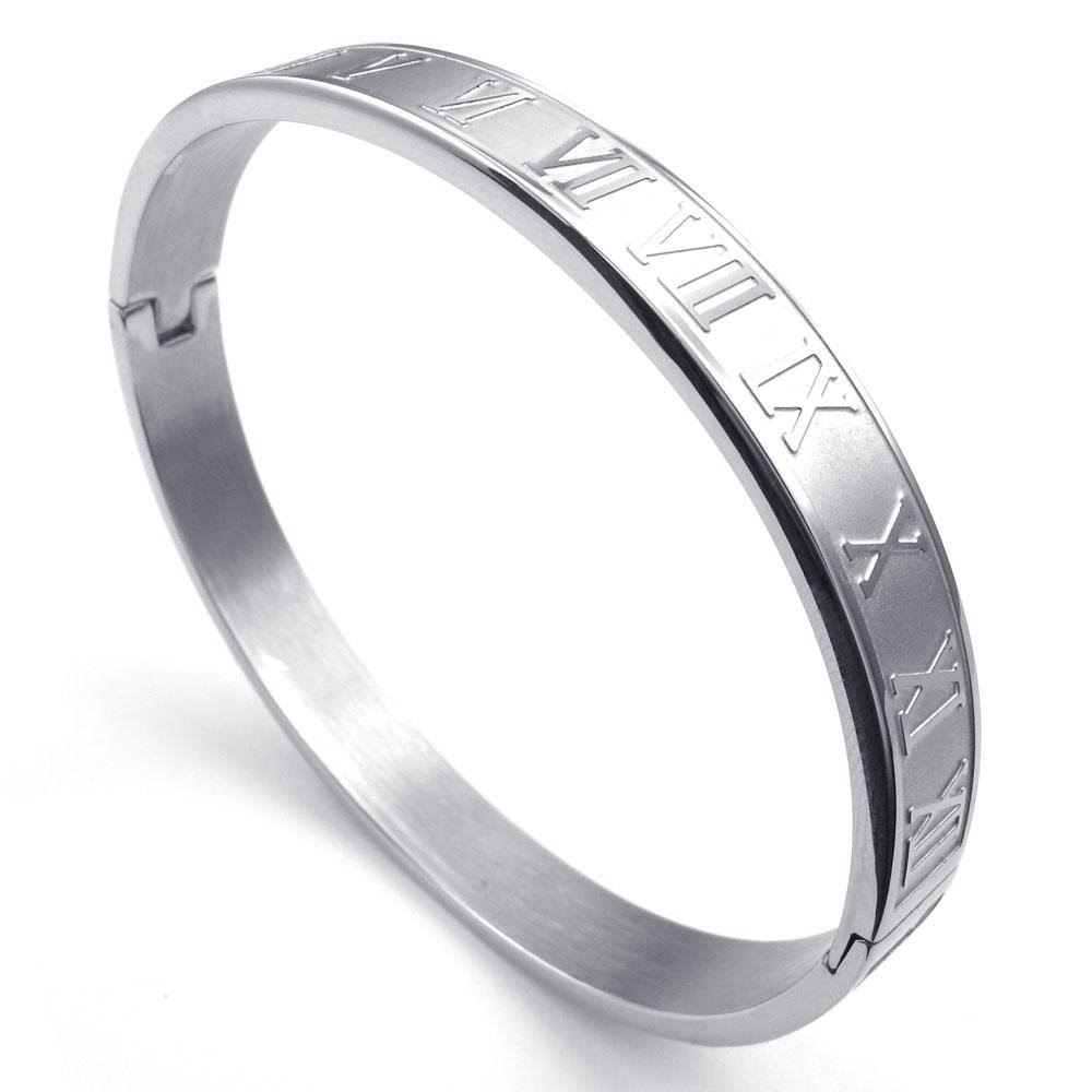 Mens Womens Stainless Steel Bracelet, Classic Roman Numeral Cuff 8mm Bangle, Sil