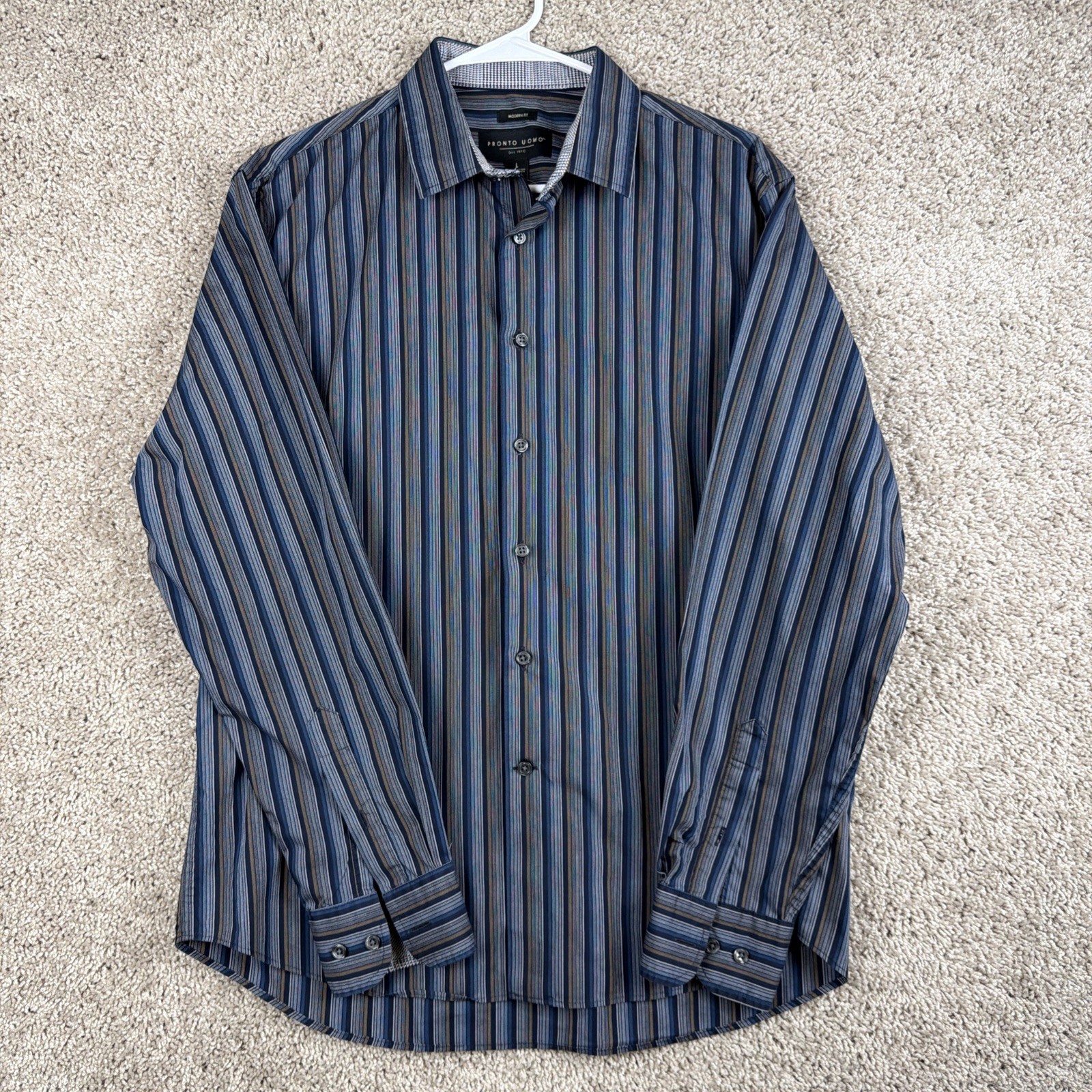 Pronto Uomo Non-Iron Button Up Shirt Mens Long Sleeve Black w Stripes Size  L