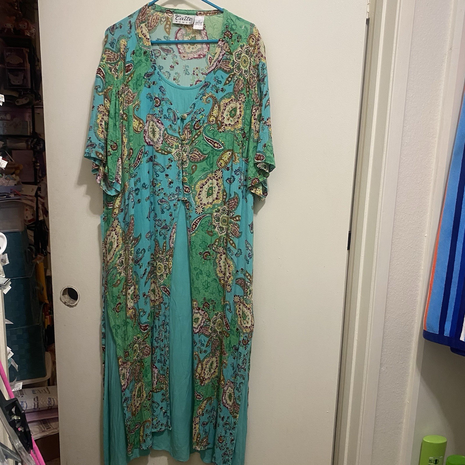 Vtg Caite Womens 2X 2XL Muumuu Maxi Dress Duster Robe Blue Green Boho Paisley