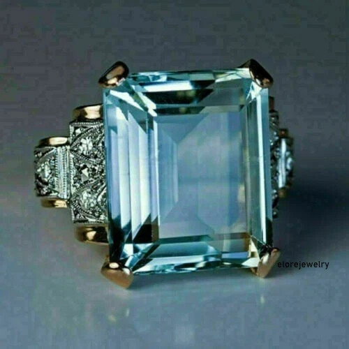 7.20 Ct Emerald Cut Natural Aquamarine & Diamond Wedding Ring 14K Yellow Gold