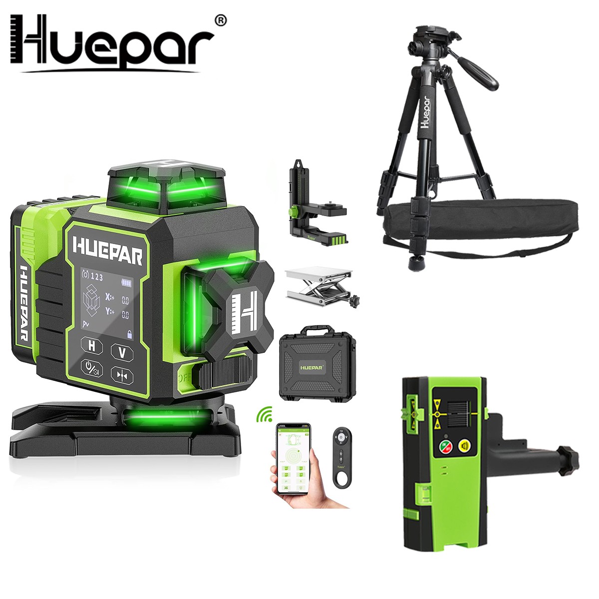 Huepar 4D self-leveling laser level with LCD display + receiver + 143 cm Tripod