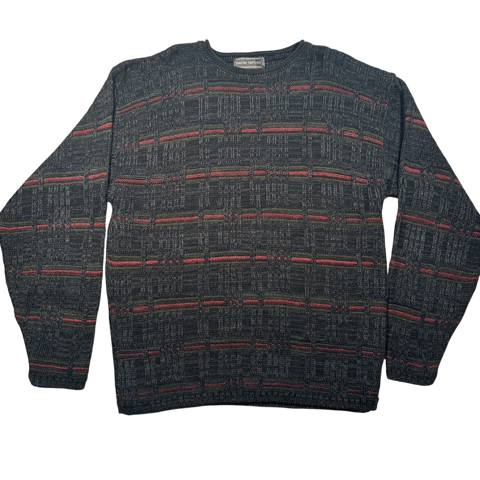 Vintage David Taylor Sweater Mens XLT Black Red Textured Knit Geometric VTG