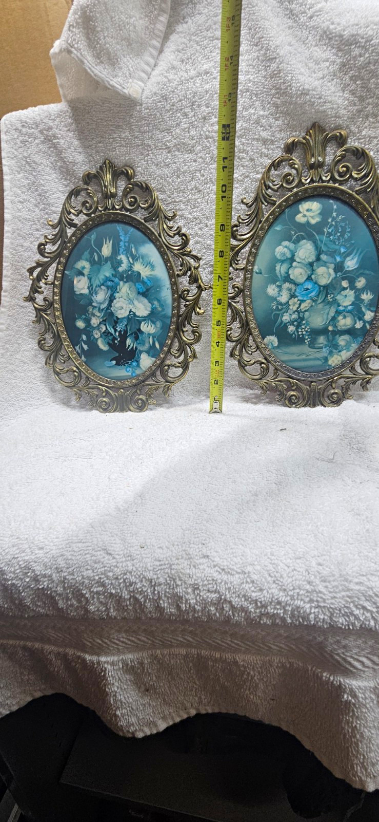 Vintage Italian Ornate Brass Frames Convex Bubble Glass Blue Floral Prints Pair Vintage Italian Ornate Brass Frames Convex Bubble Glass Blue Floral Prints Pair