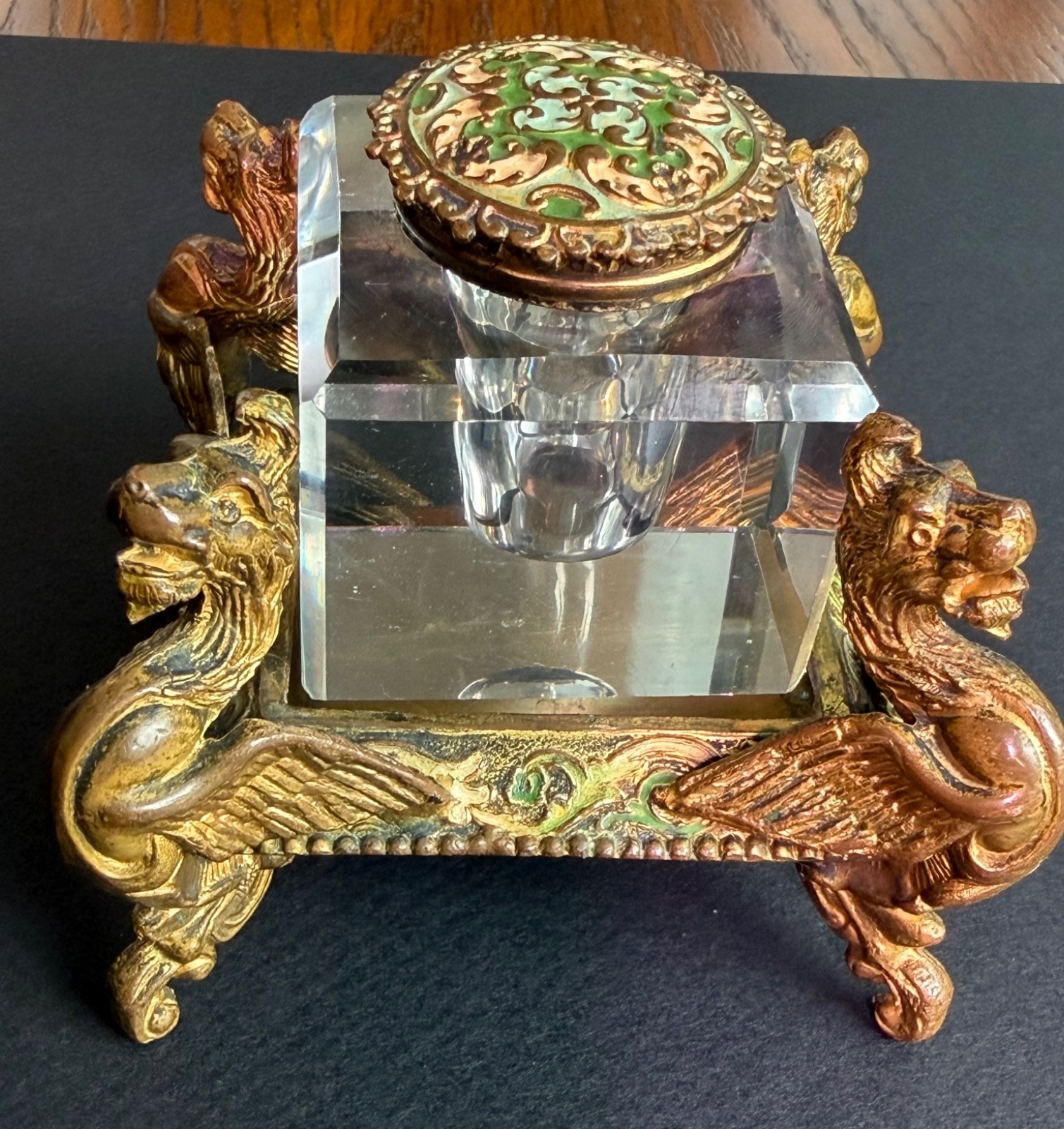 Antique Enamelware-Brass Inkwell with 4 corner Griffin figures & original glass Antique Enamelware-Brass Inkwell with 4 corner Griffin figures & original glass