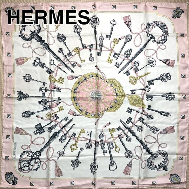 Hermes Carre 90 Silk Scarf Key Print Pink Very Good Hermes Carre 90 Silk Scarf Key Print Pink Very Good