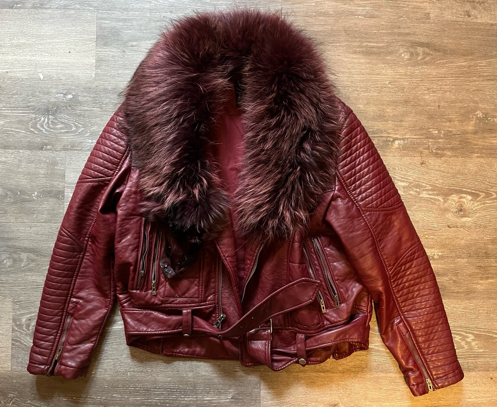 Customized Jordan Craig Pleather Faux Leather Burgundy Red Fox Fur Coat 3XL