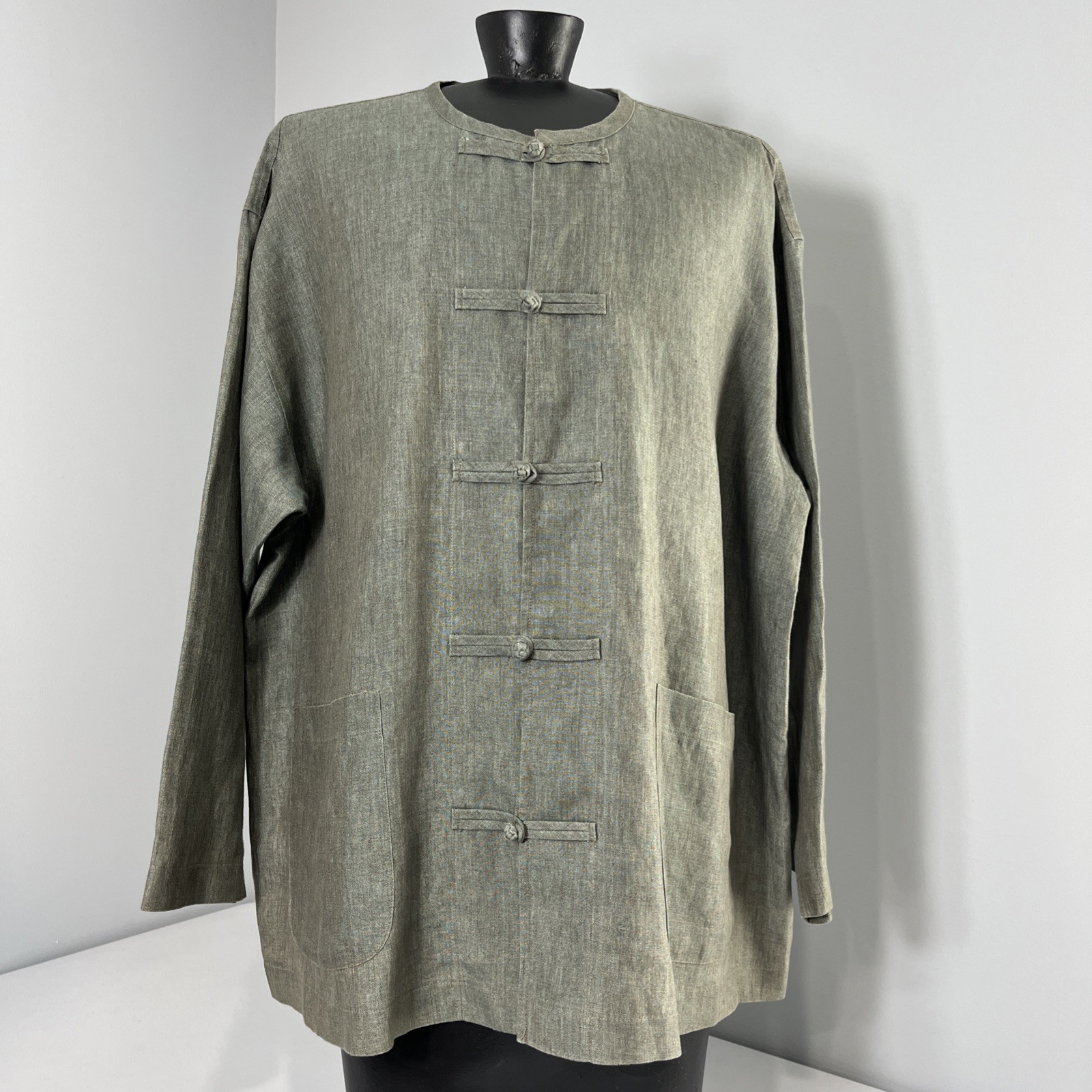 Dosa Womens Natural Linen China Jacket Green Frog Closure Sz 3(L) Minimalist Top
