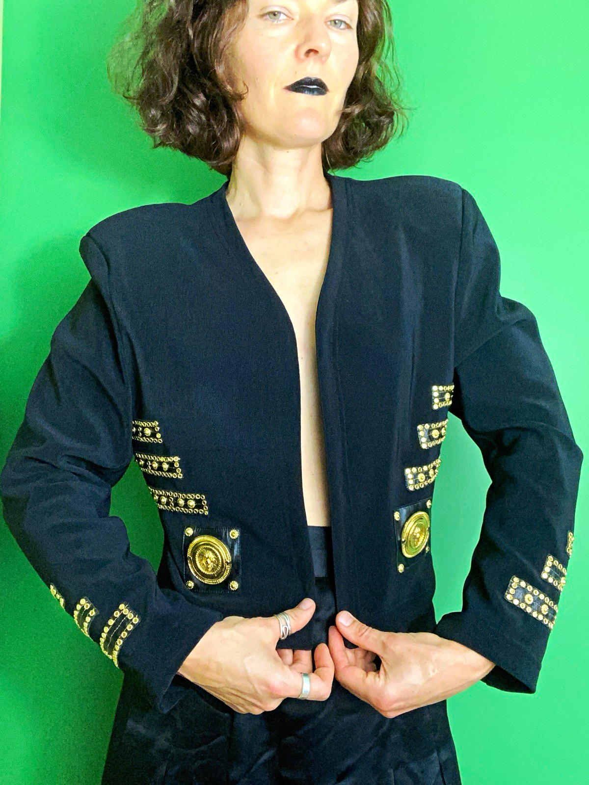 Vintage 90s Cache Black leather gold hardware lion head Embellished Jacket Vintage 90s Cache Black leather gold hardware lion head Embellished Jacket