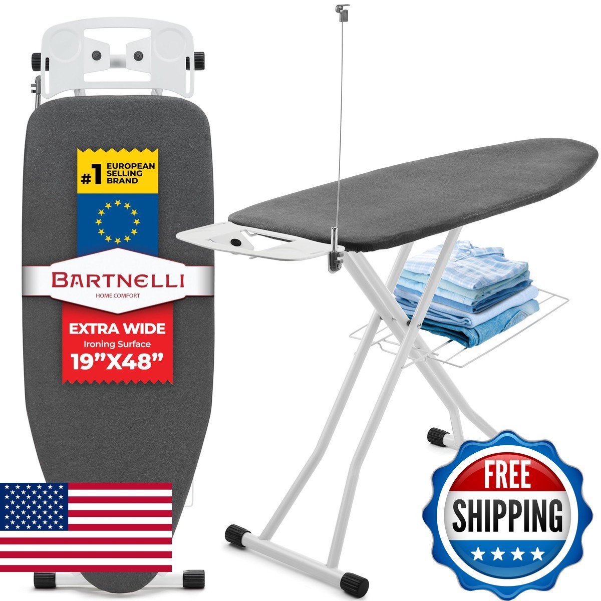 Bartnelli BIBV-1220 Extra Wide Pro Ironing Board 19x48 with Cover Pad
