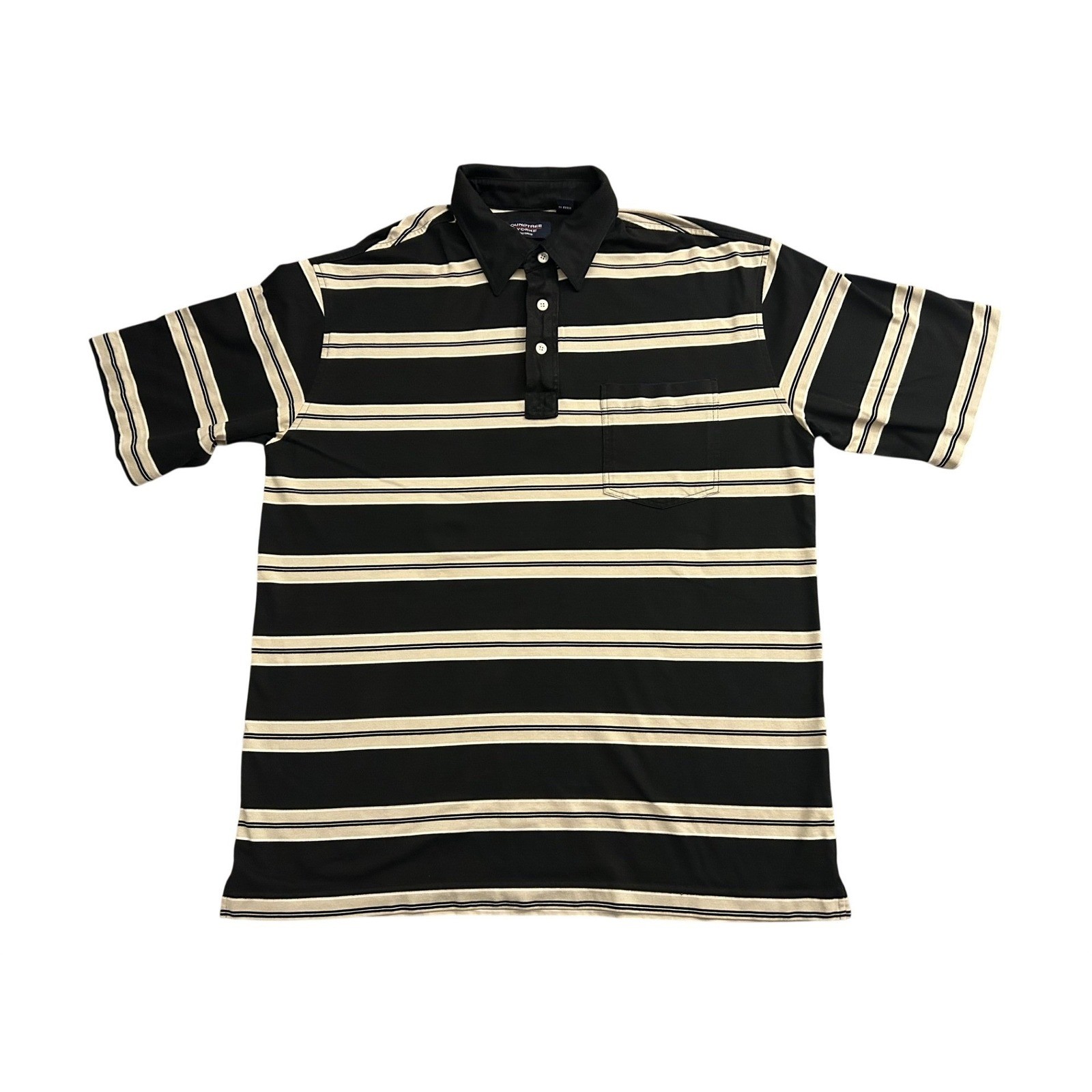 Roundtree & Yorke Polo Shirt Mens Large Black Tan Excellent Striped Pocket