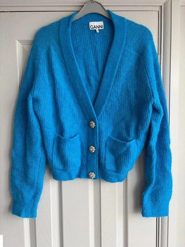RRP £275 GANNI Blue Alpaca Wool Blend Crystal Button Cardigan Size S Small RRP £275 GANNI Blue Alpaca Wool Blend Crystal Button Cardigan Size S Small