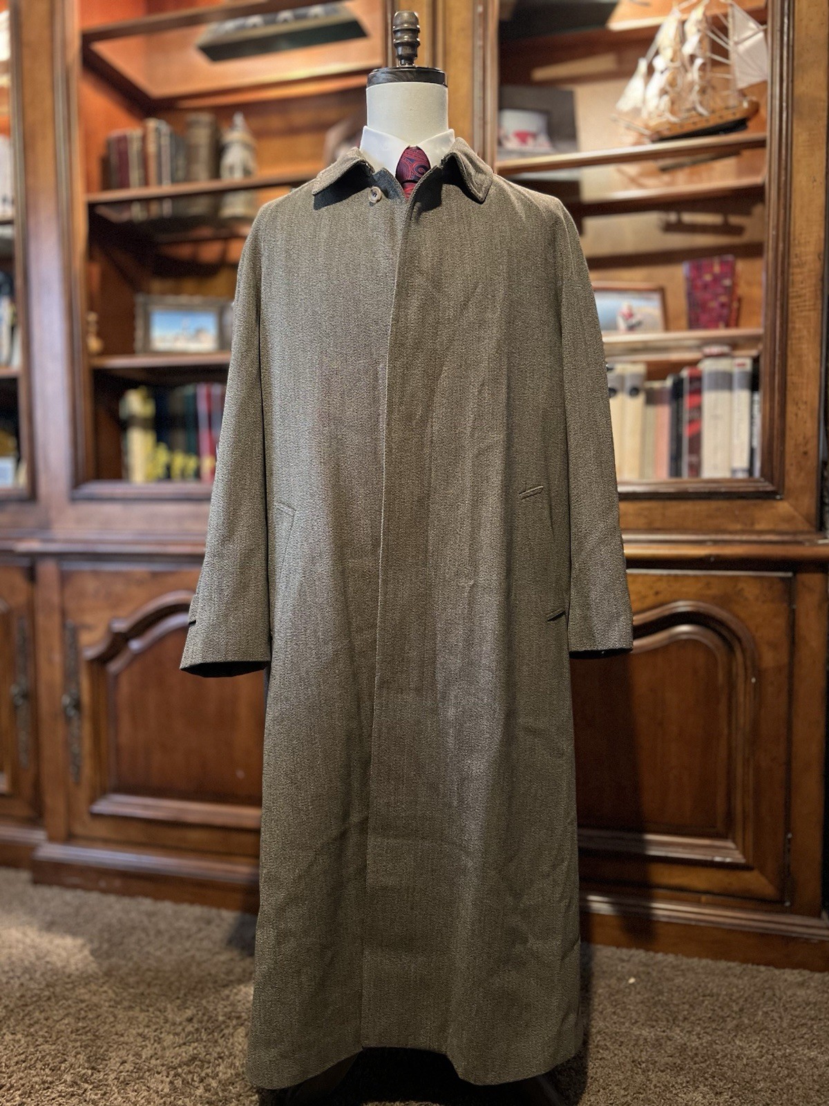 Vintage Paul Stuart (42R) Sage 100% Wool Twill Lined Balmacaan Car Coat