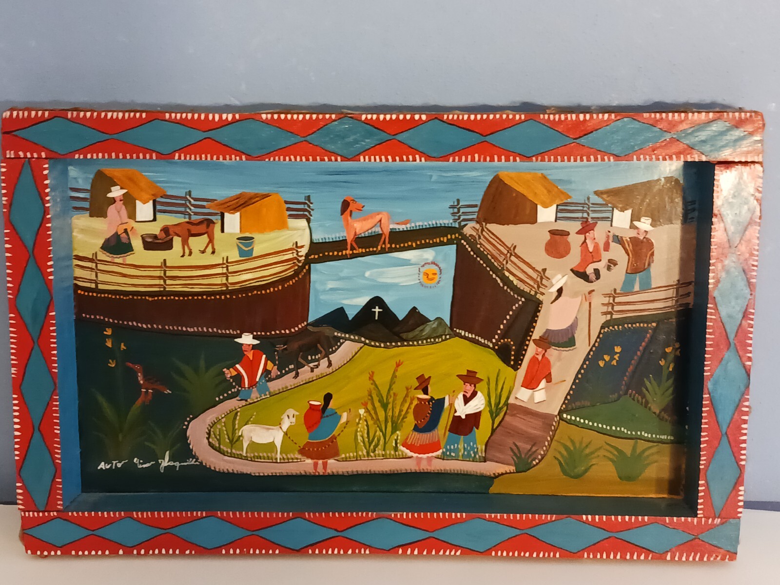 Vintage painting Peru Folk Art, signed llamas, gardens, people-Happy